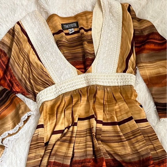 Tracy Feith Boho Vintage Mini Dress XS Stripe Retro Tunic Lace Trim V-Neck - Picture 2 of 15